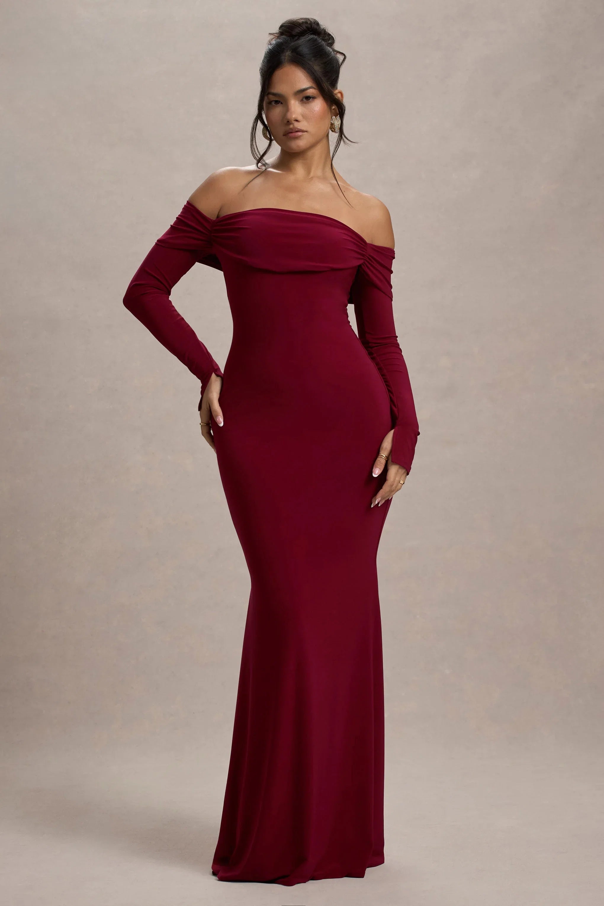 Amaia Berry Bardot Long Sleeve Maxi Dress