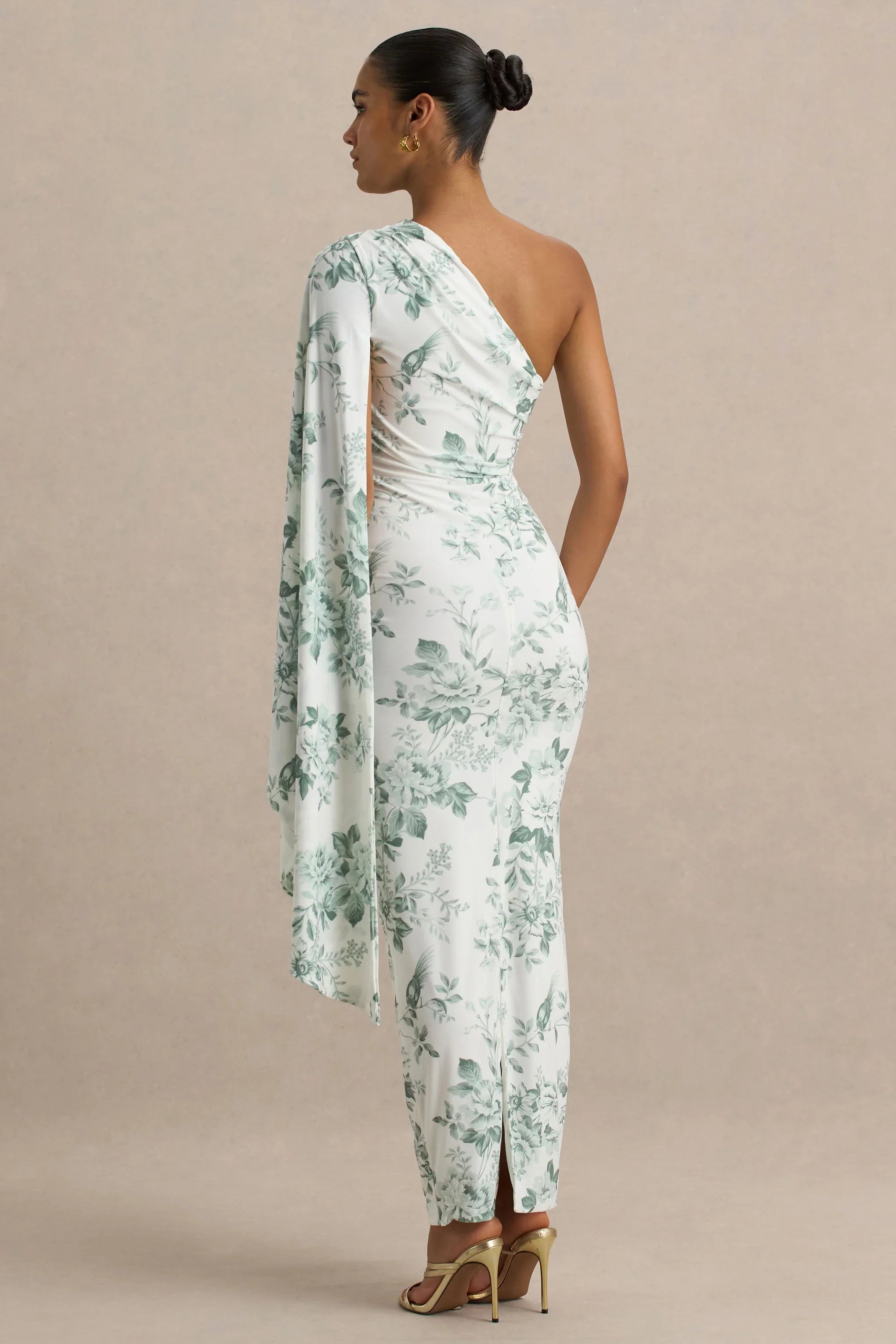 Clementina Green Porcelain Print Asymmetric Cape Sleeve Maxi Dress