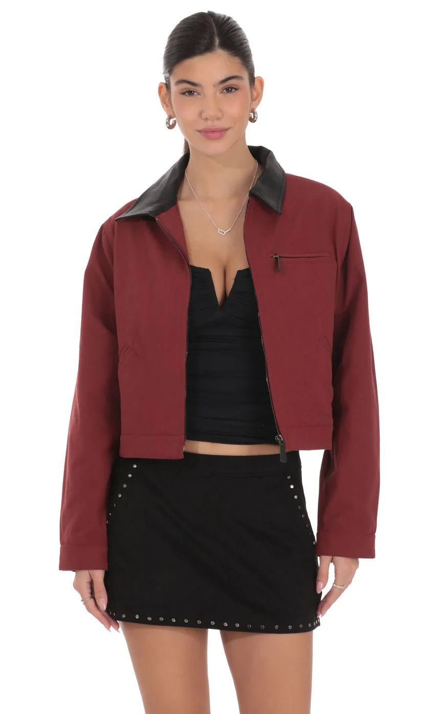 Two Toned Collar Jacket in Burgundy
