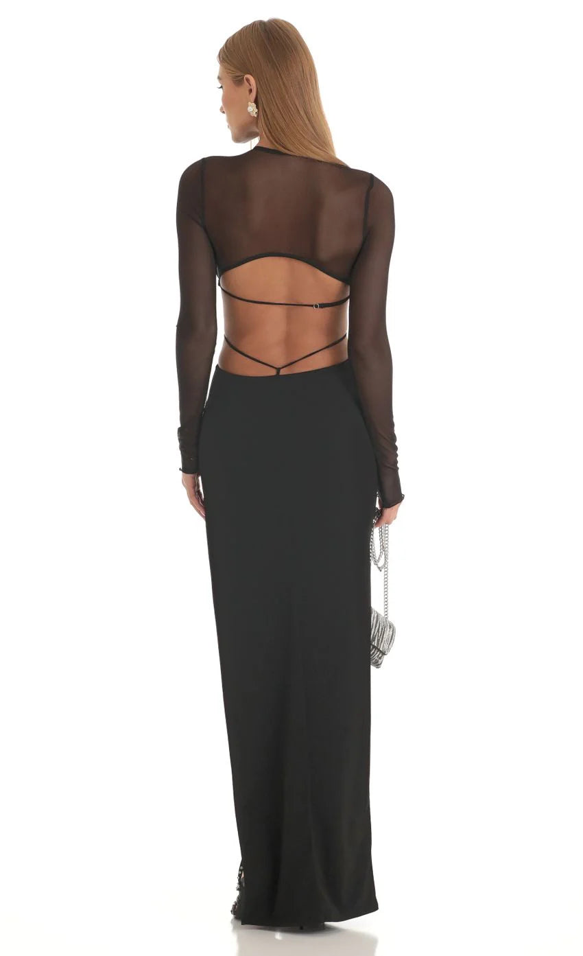 Long Sleeve Sheer Back Dress in Black