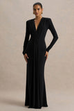 Flashy Black Plunge Neck Maxi Dress With Ruched Detailing