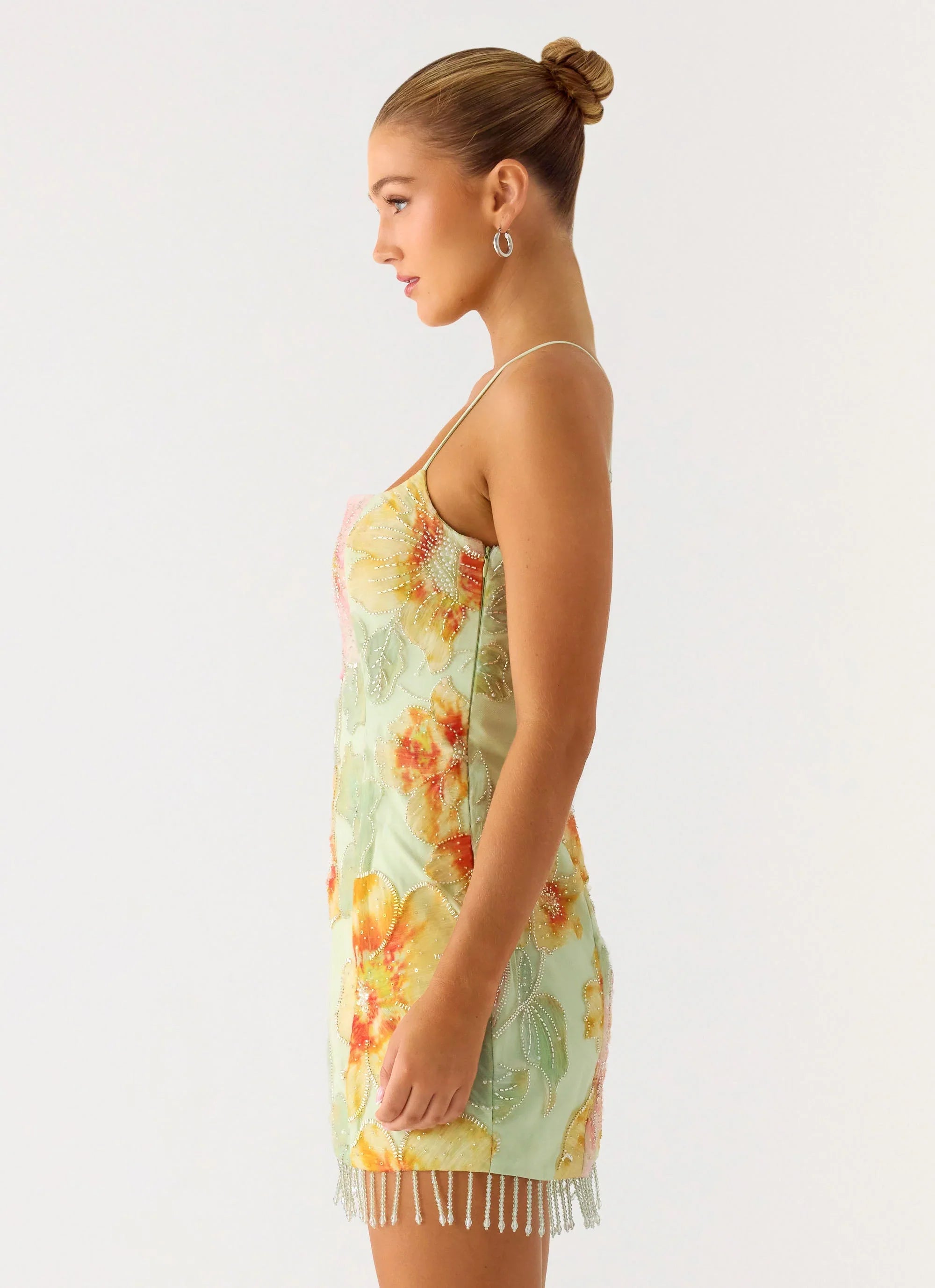 Gatiana Beaded Sequin Mini Dress Green Floral Beaded