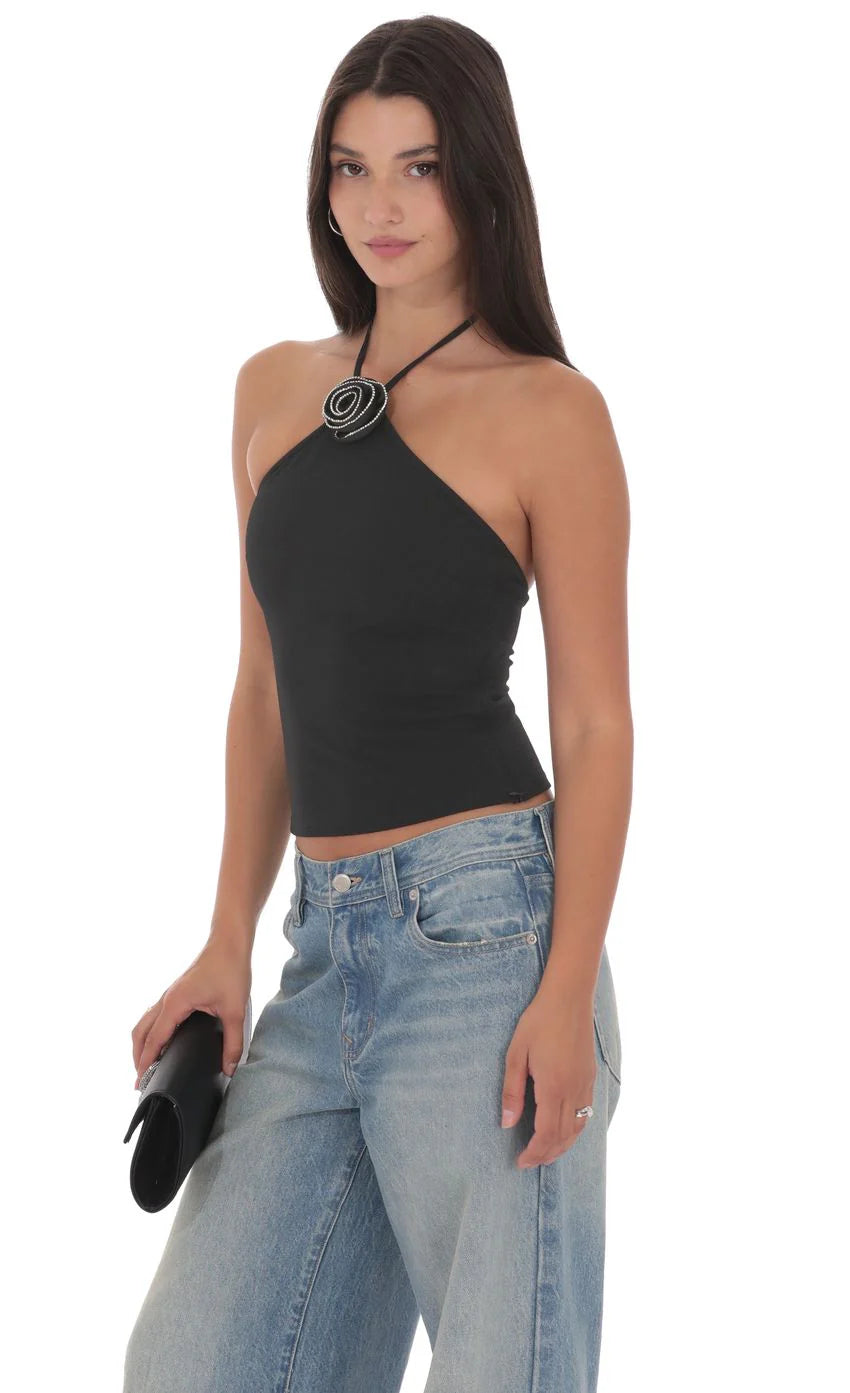 Rhinestone Rose Top in Black