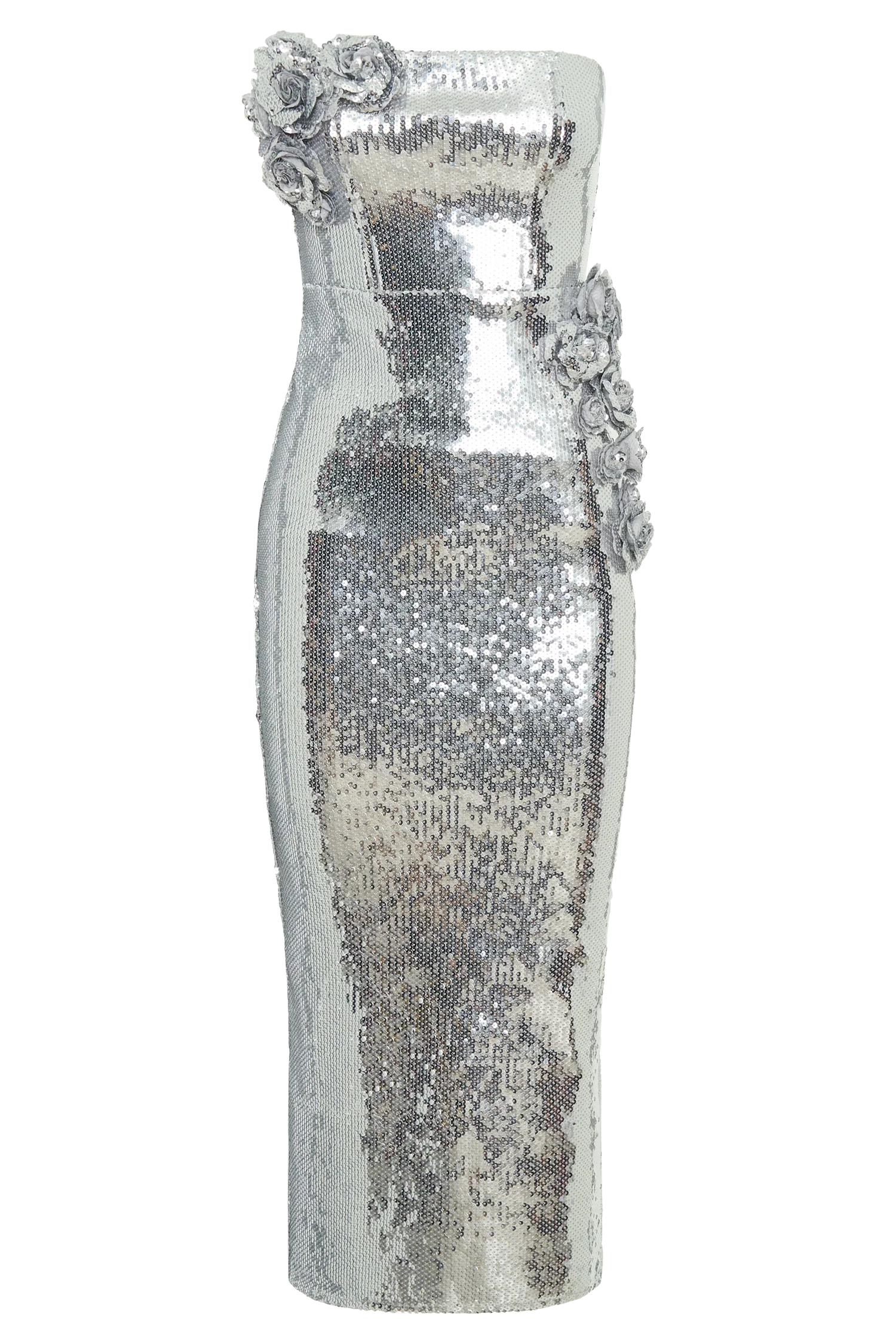Cassia Strapless Sequin Rose Midi Dress Silver