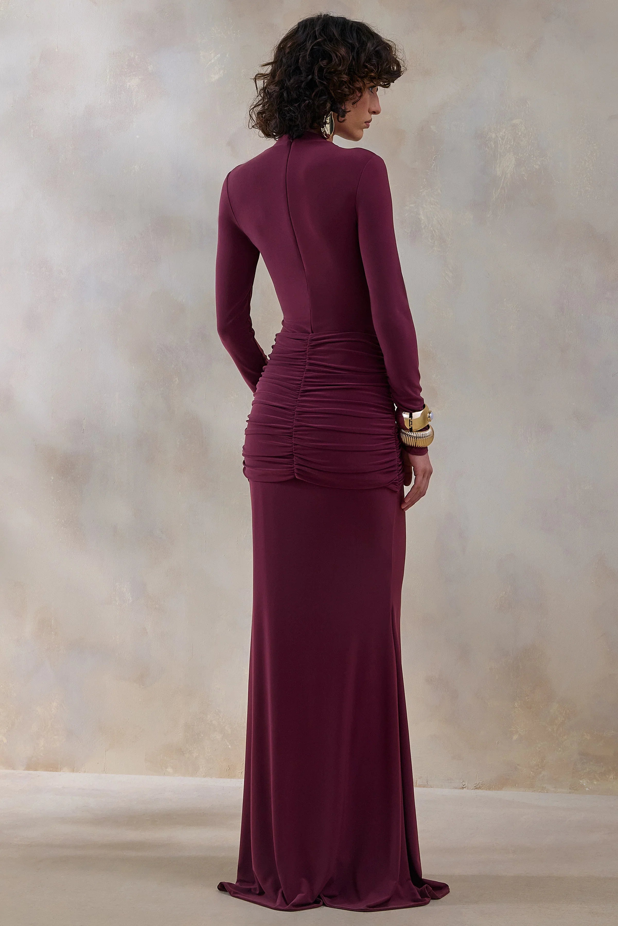 Solarium Burgundy Long Sleeve Maxi Dress With Gold Detail