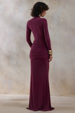 Solarium Burgundy Long Sleeve Maxi Dress With Gold Detail