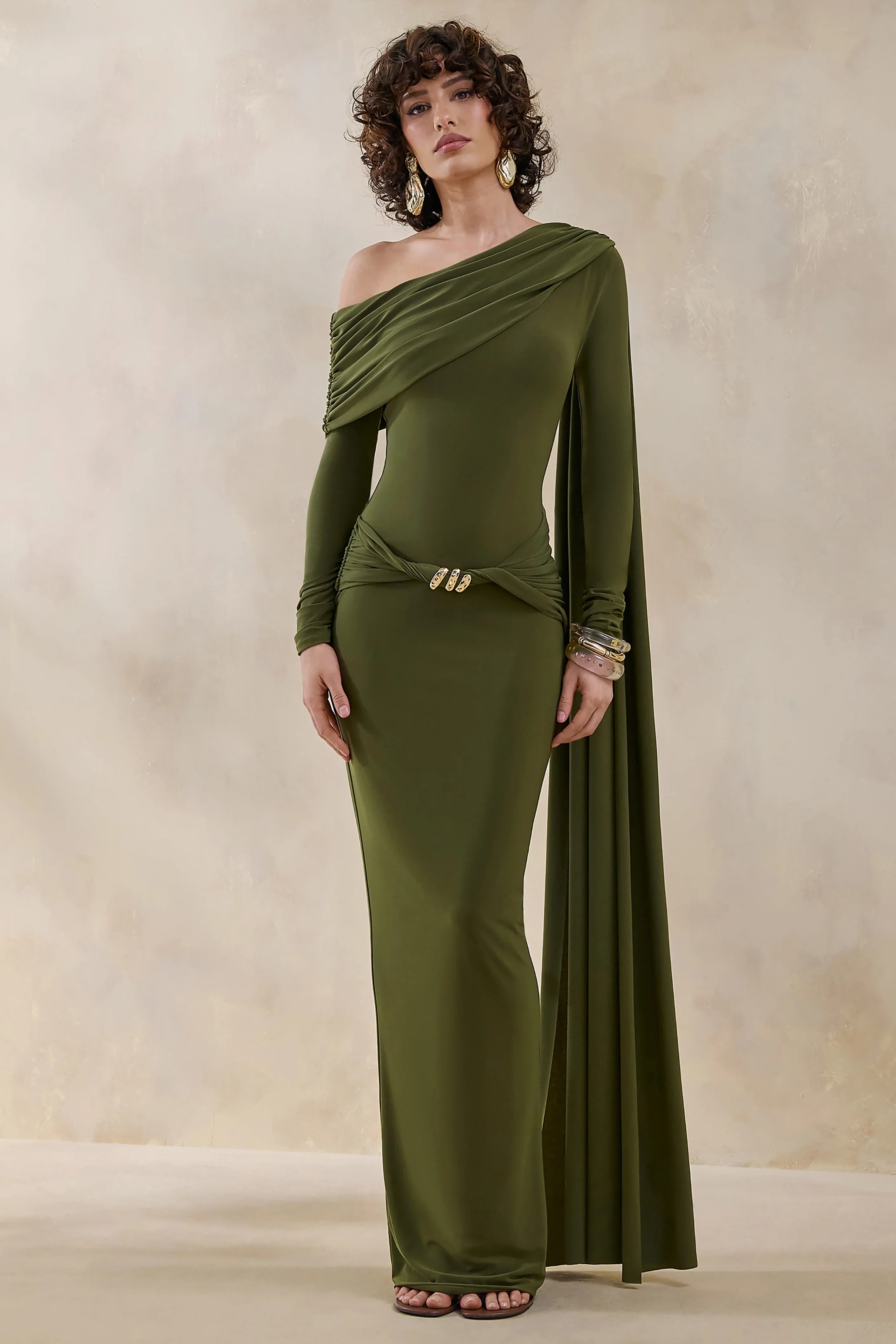 Bessy Green Asymmetric Neck Maxi Dress With Gathered Detailing And Sash