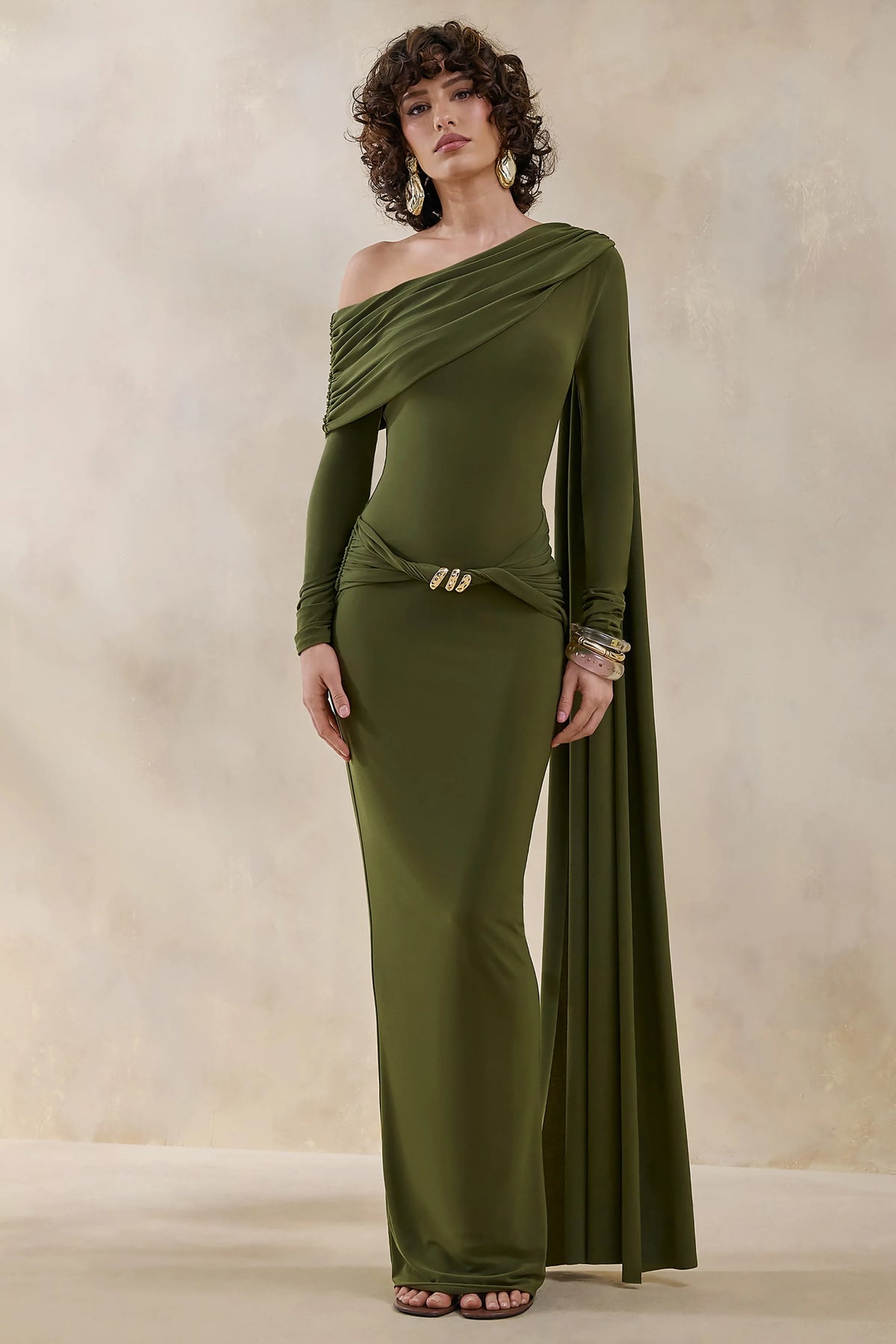 Bessy Green Asymmetric Neck Maxi Dress With Gathered Detailing And Sash