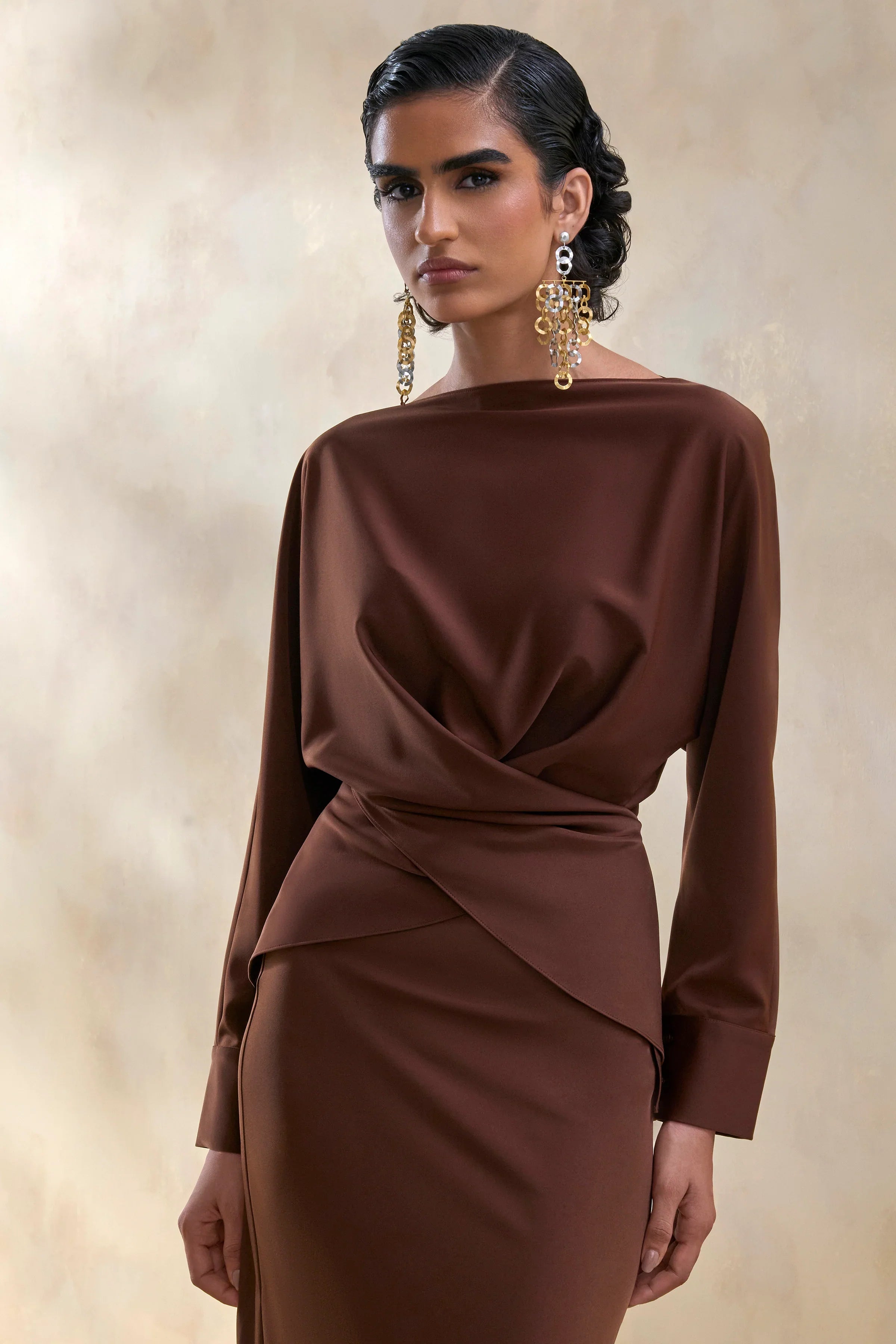 Miravia Brown Satin Wide Neck Long Sleeve Top
