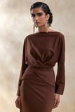 Miravia Brown Satin Wide Neck Long Sleeve Top