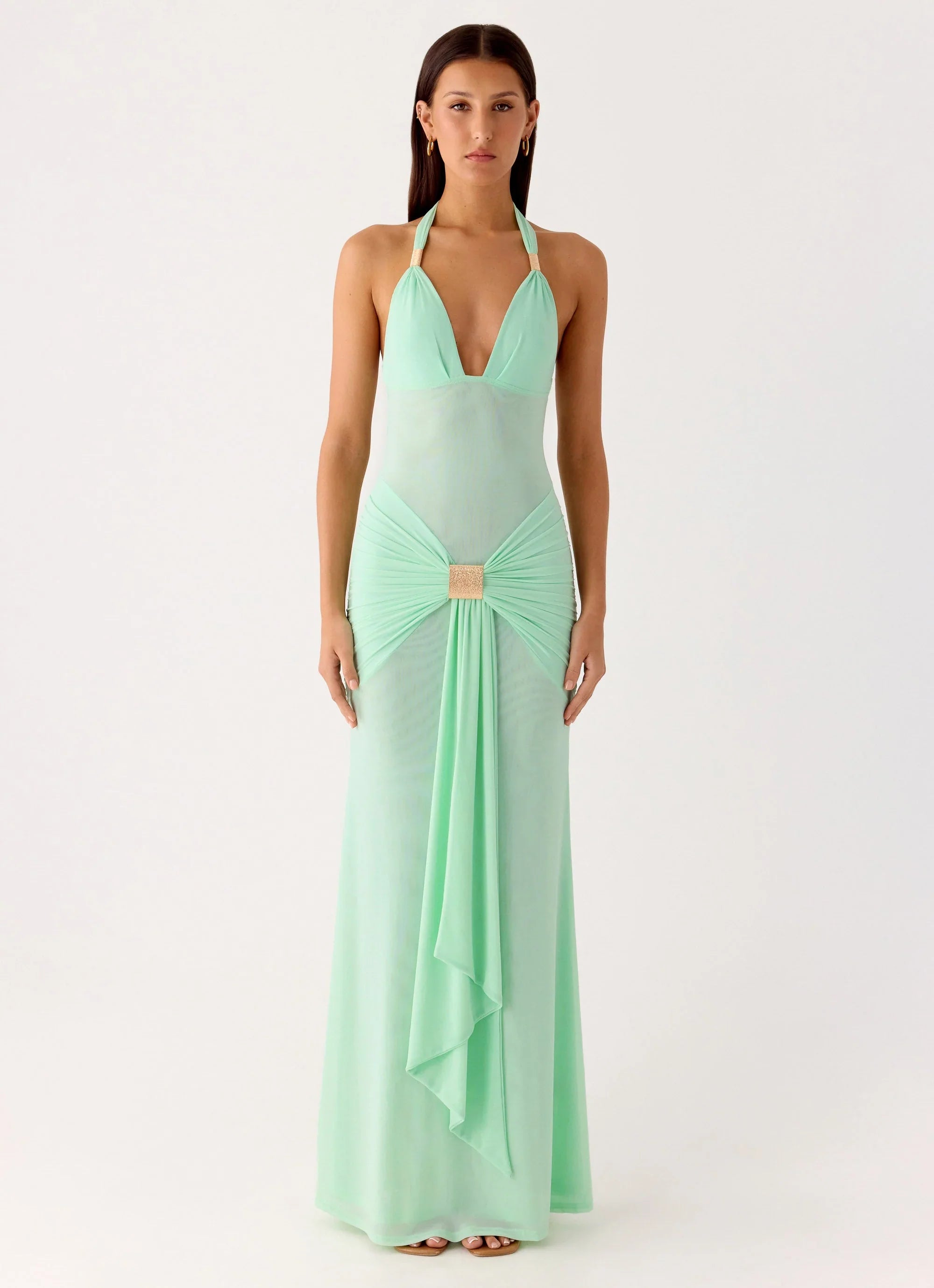 Miyah Halter Hardware Maxi Dress Mint Blue