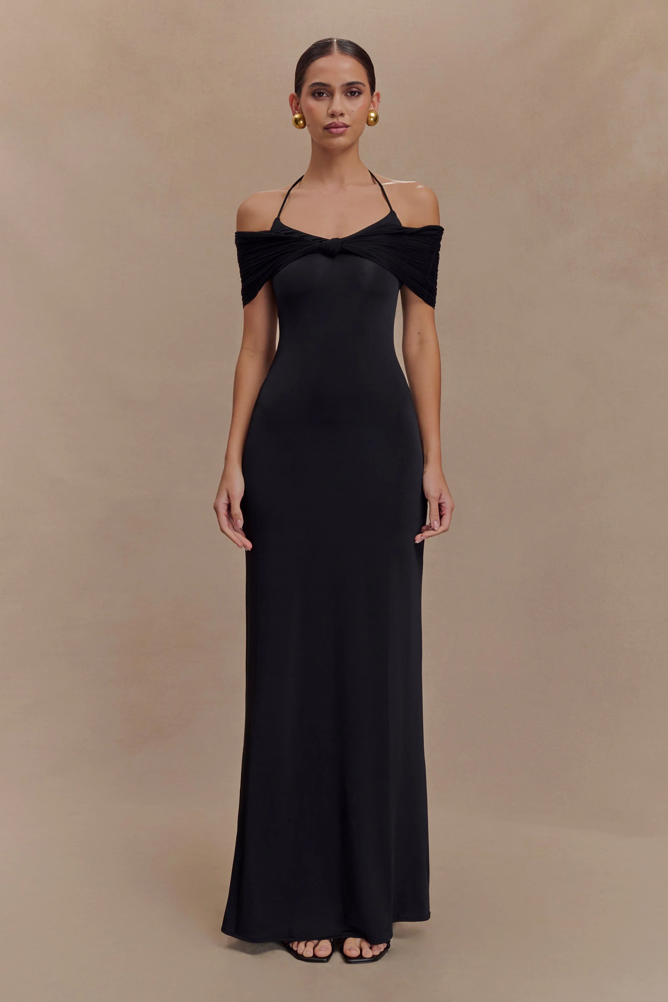 Bernadina Mesh And Slinky Halter Maxi Dress Black