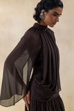 Narella Brown Chiffon High Neck Maxi Dress With Draped Detailing