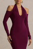 Living High Burgundy Halter Neck Maxi Dress With Long Sleeves