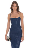 Foil Mesh Bodycon Maxi Dress in Navy