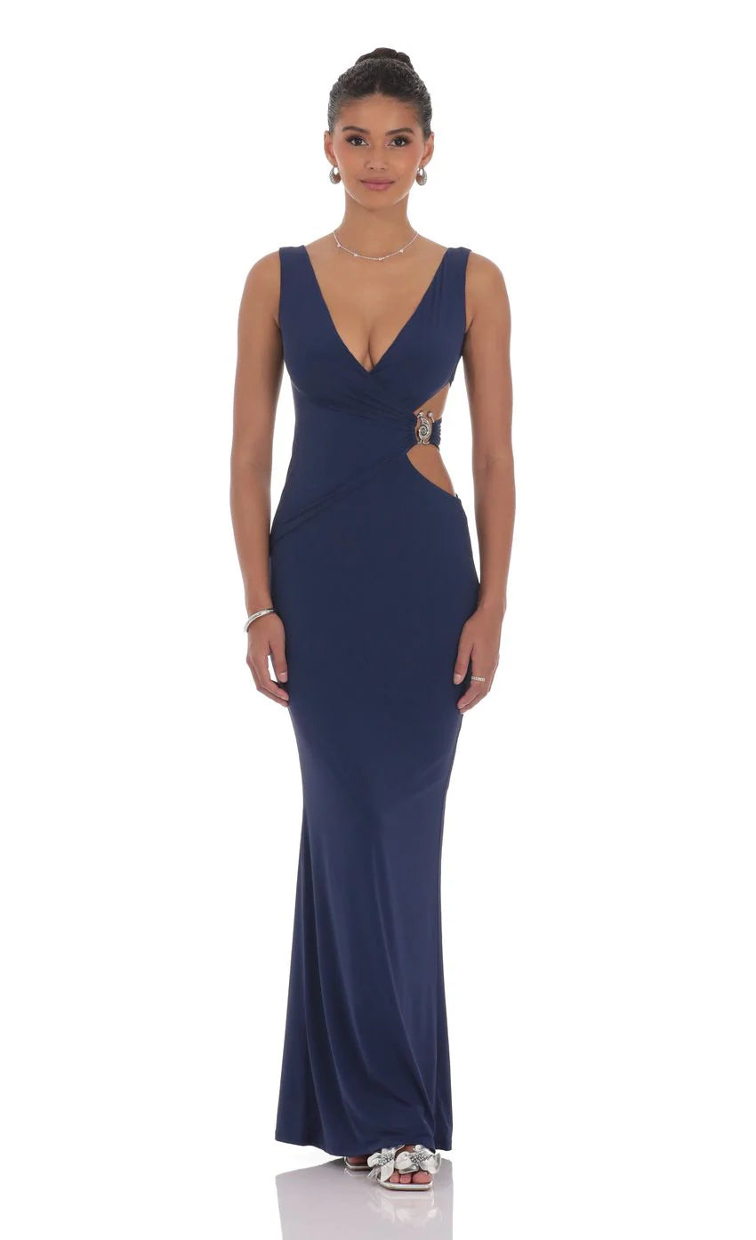 V Neck Conch Cutout Maxi Dress in Navy