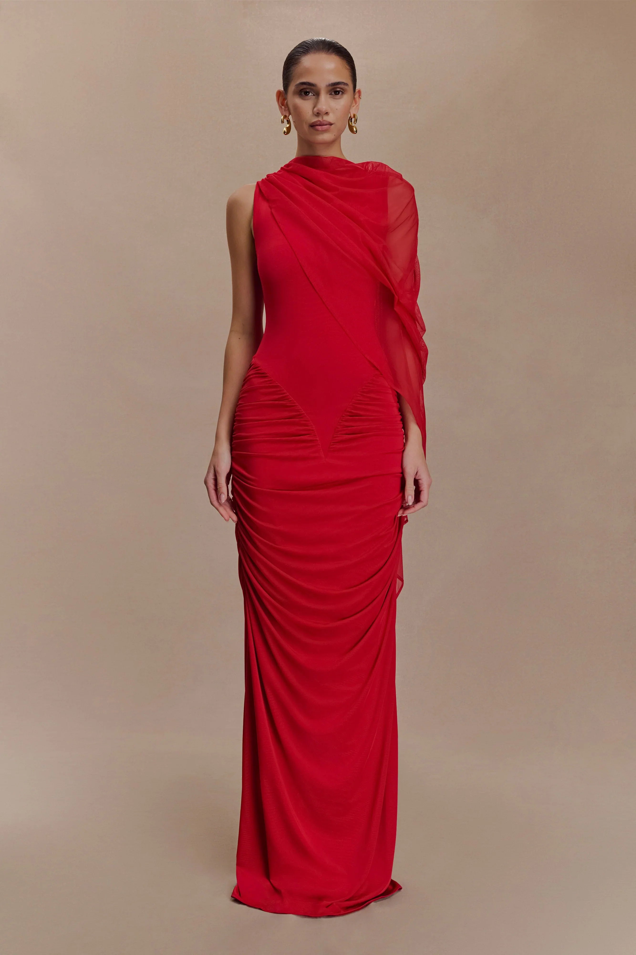 Amandine Ruched Slinky Maxi Dress Ruby