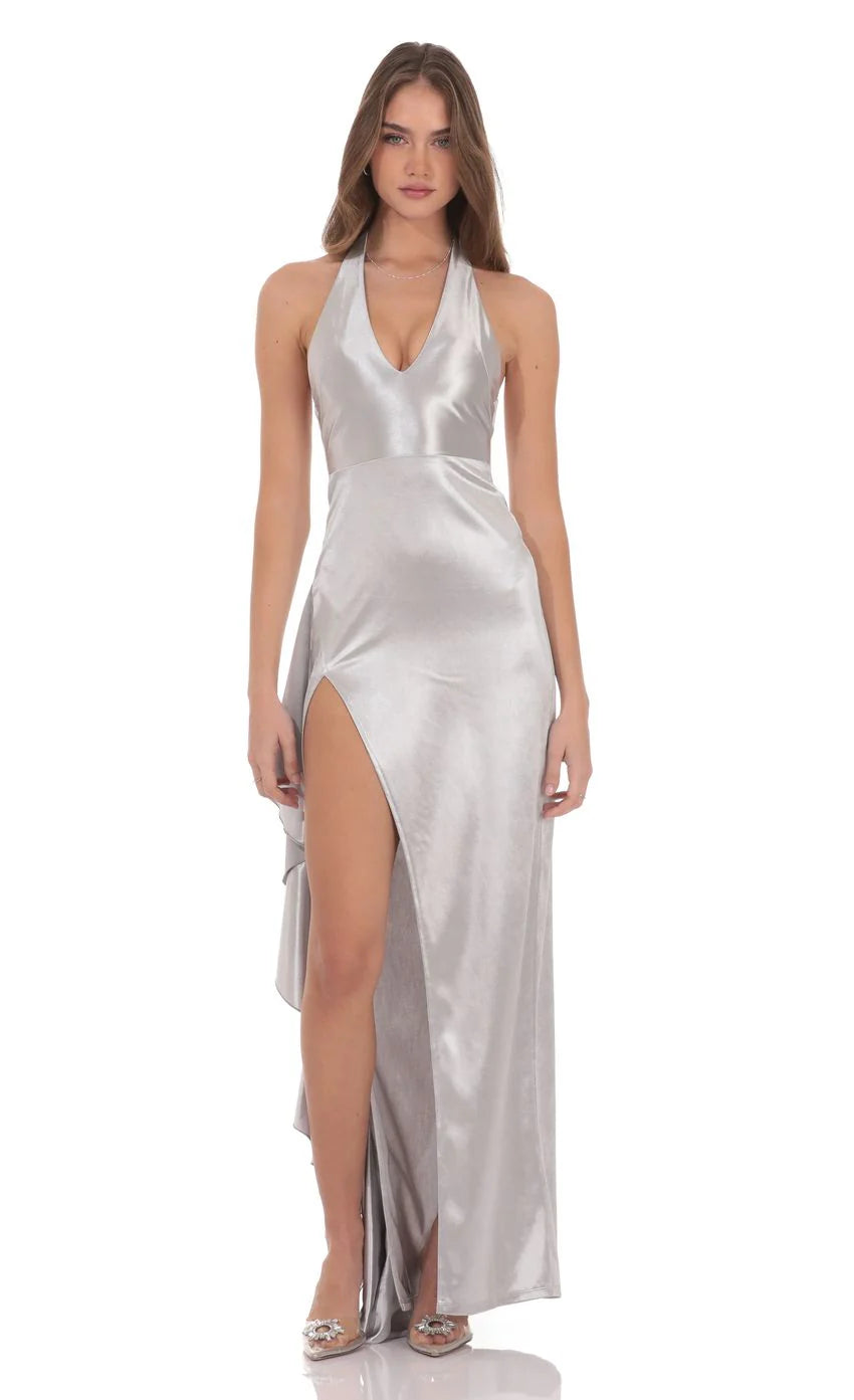Satin Plunge Neck Halter Maxi Dress in Silver