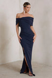 Eva Navy Bardot Bow Detail Maxi Dress With Thigh Split