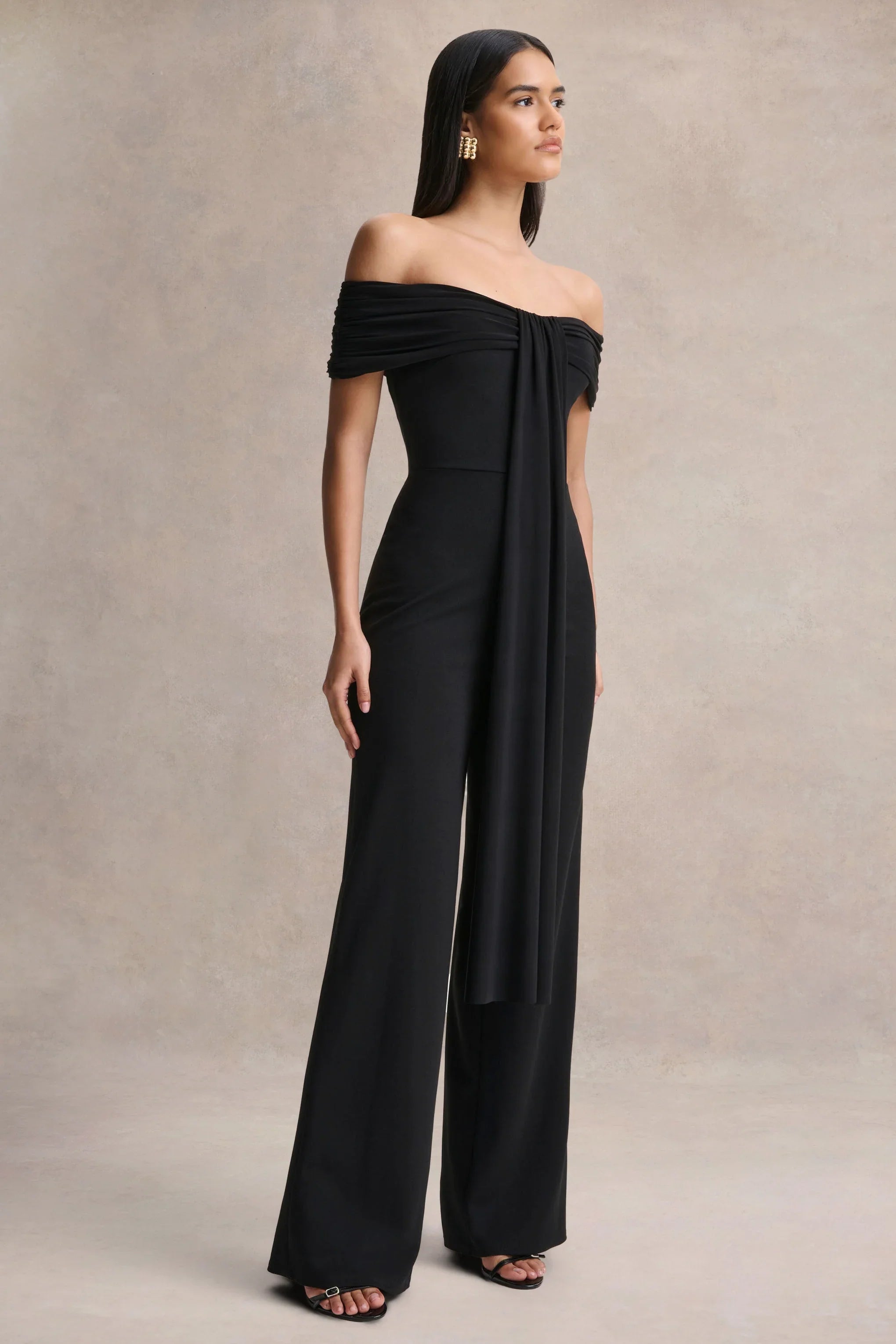 Kalida Black Bardot Neck Jumpsuit With Sash Detail