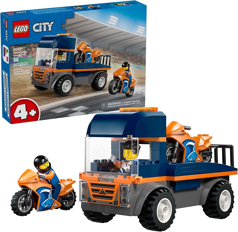 LEGO City Motorcycle Transporter Building Toy for Boys Girls Pretend Play Set for Preschool Kids Ages 4 Flatbed Truck Toy W 2 Toy Motorcycles 2 Minifigures Gift Idea for Birthdays 60491
