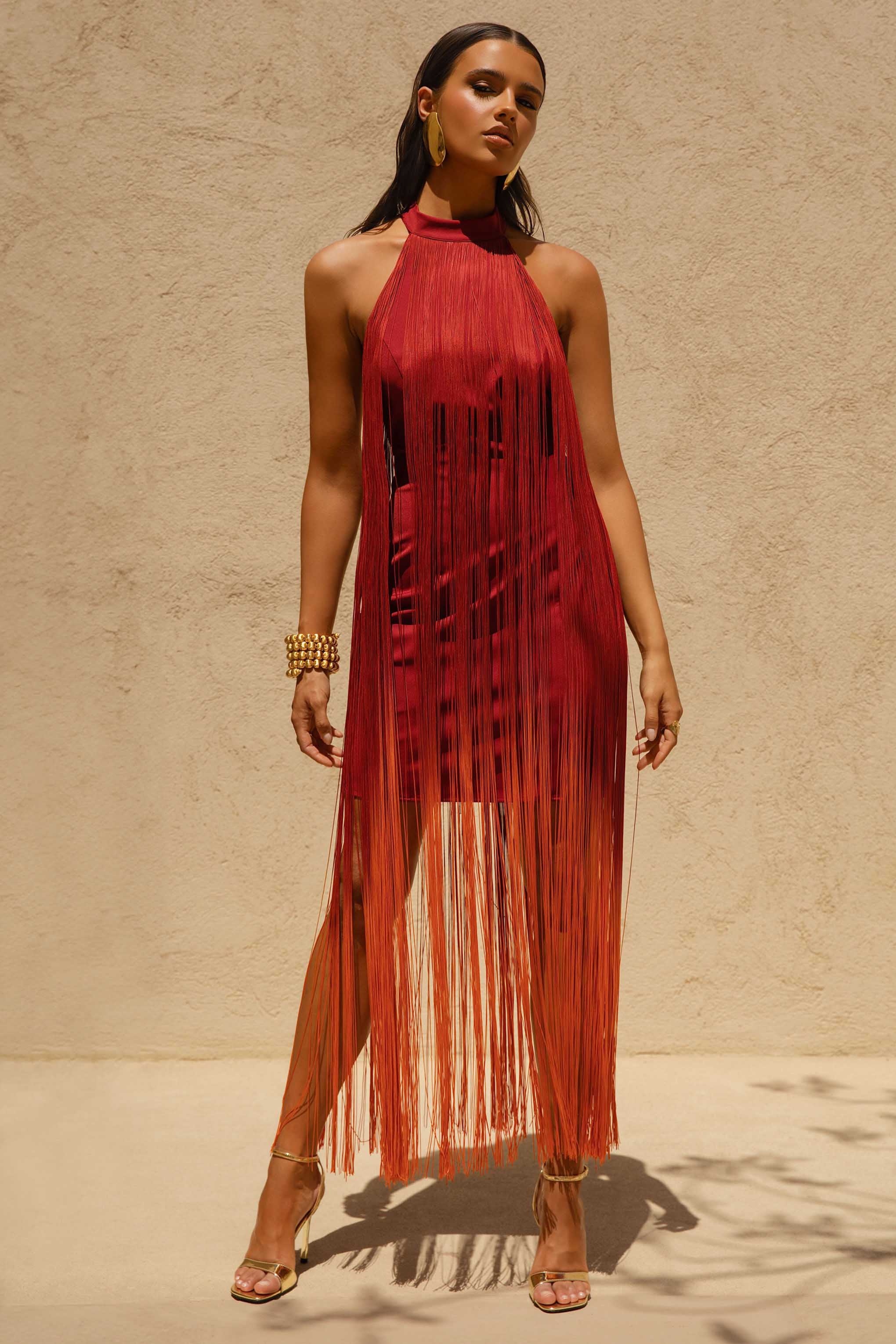 Alessia Orange Ombre Fringe High Neck Maxi Dress