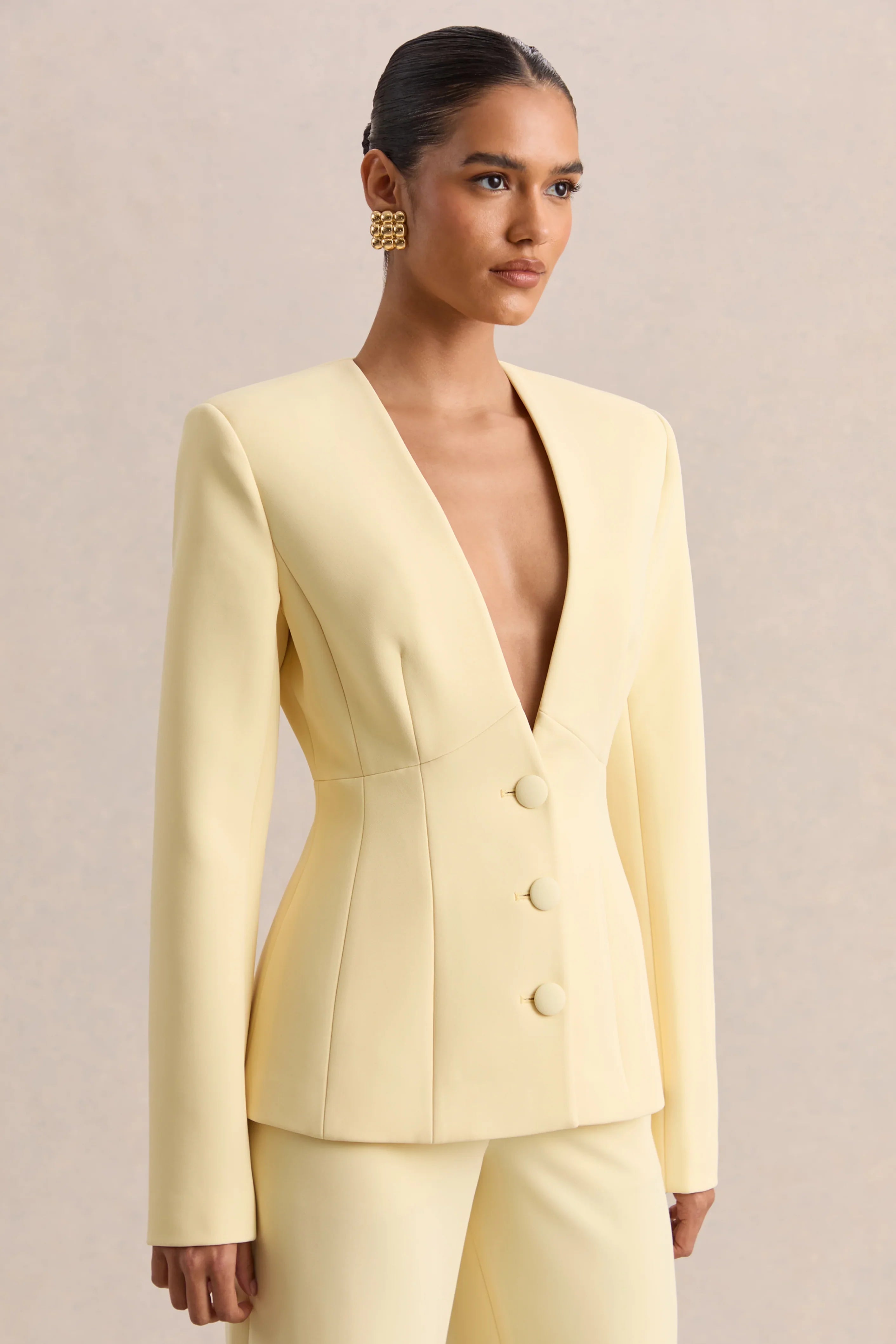 Rosalina Lemon Extreme Plunge Neck Tailored Blazer