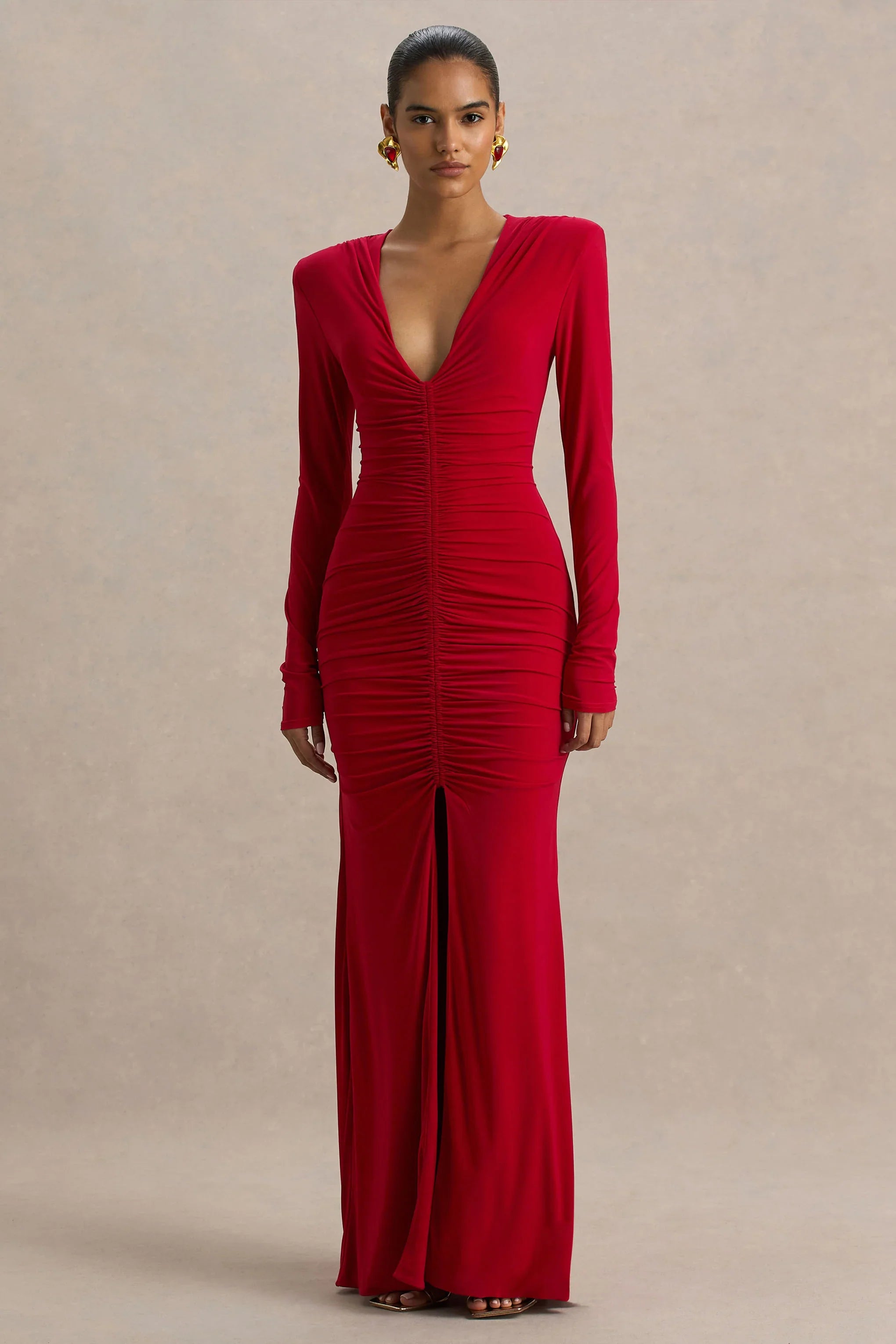 Jewel Red Plunge Neck Maxi Dress With Front Split and Ruched Detailing