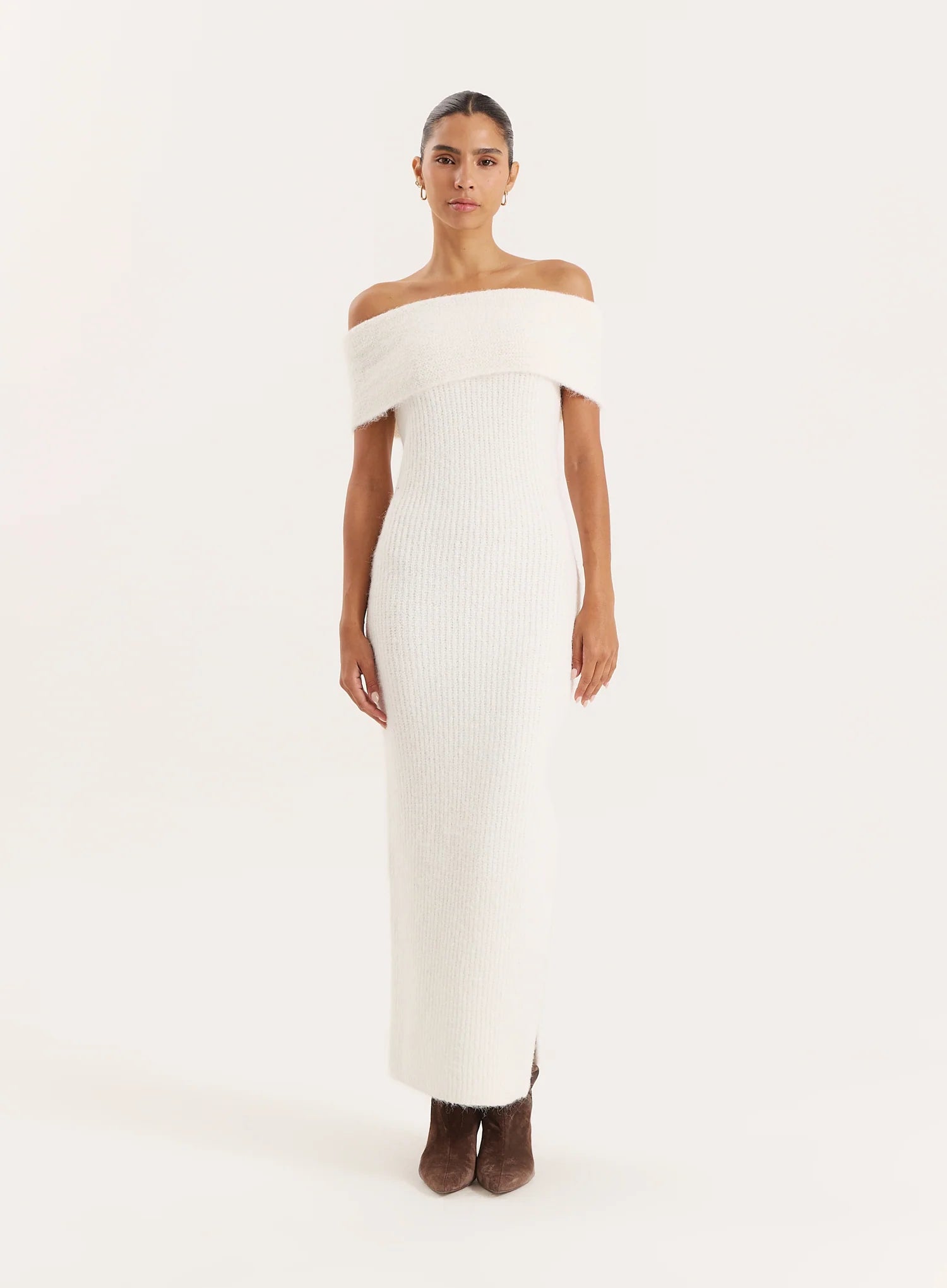 Cream Bardot Knitted Maxi Dress