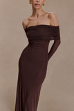 Josie Off Shoulder Mesh Maxi Dress Dark Brown