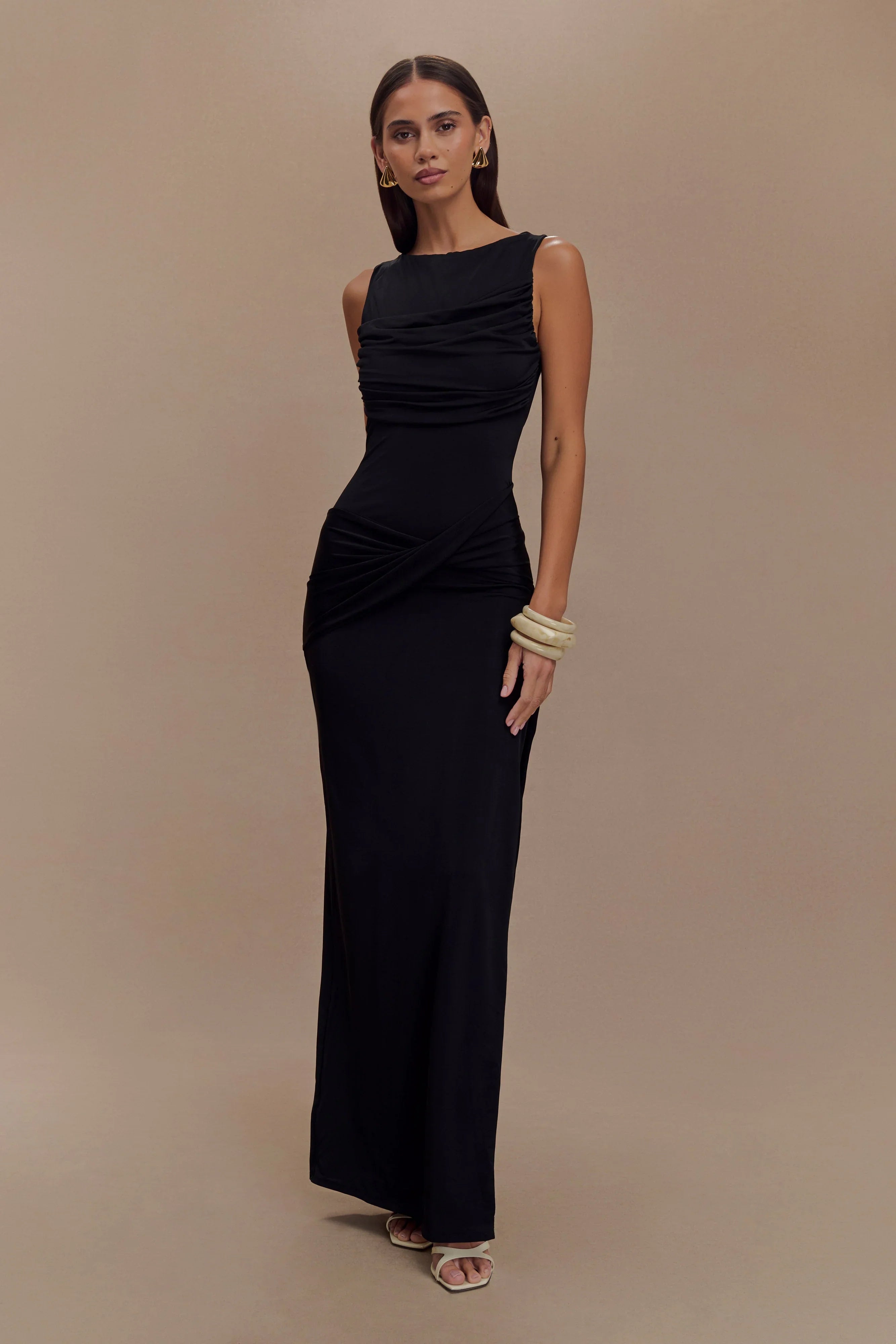 Henley Slinky Drape Maxi Dress Black