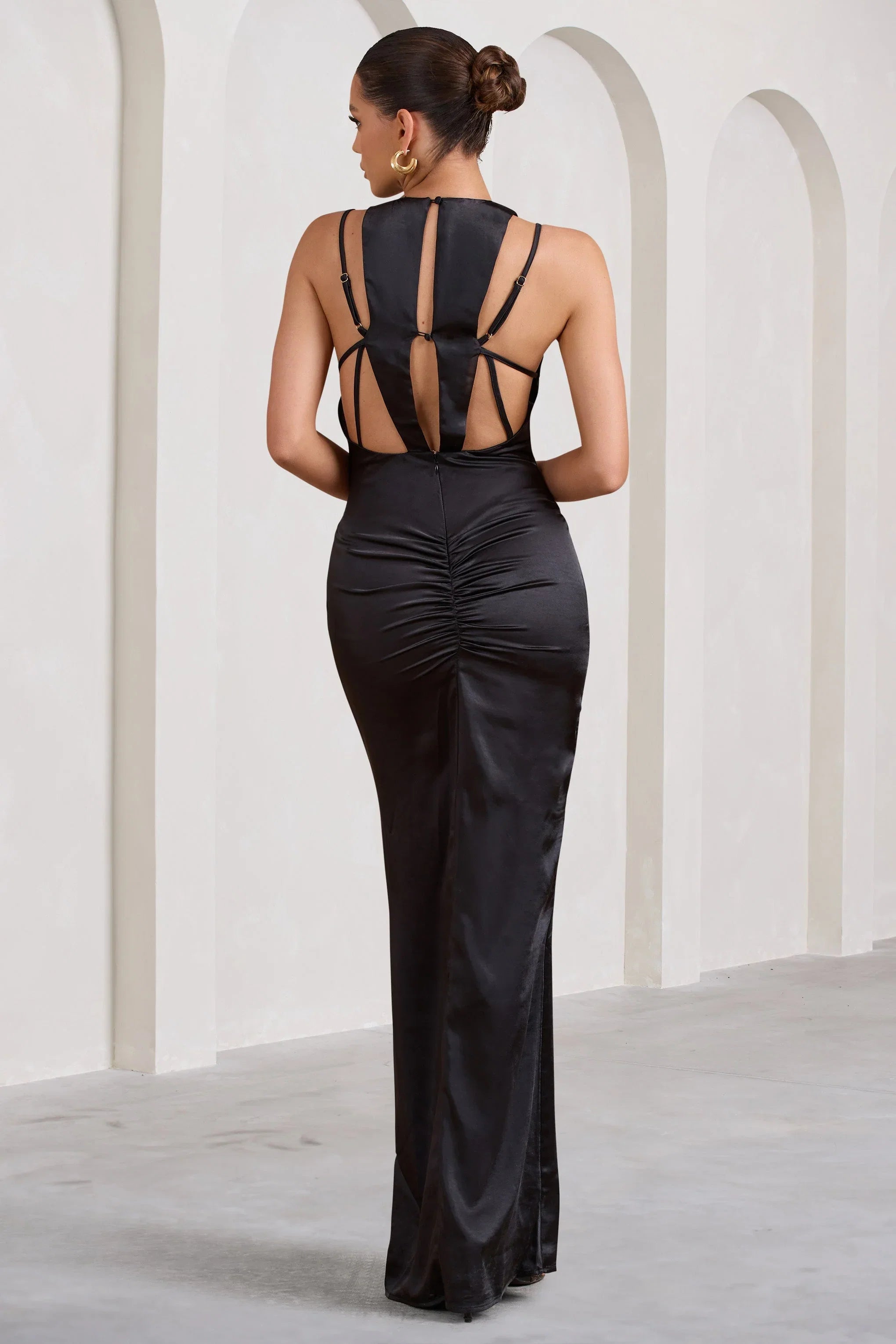 Emery Black Satin Plunge Neck Strappy Back Maxi Dress