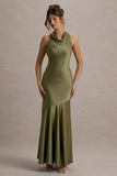 Amelita Khaki Satin Cowl Neck Maxi Dress