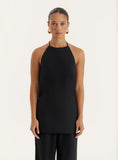 Black Linen Blend Halter Neck Top