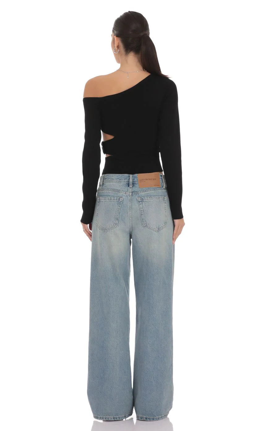 Cutout Buckle Off Shoulder Top in Black