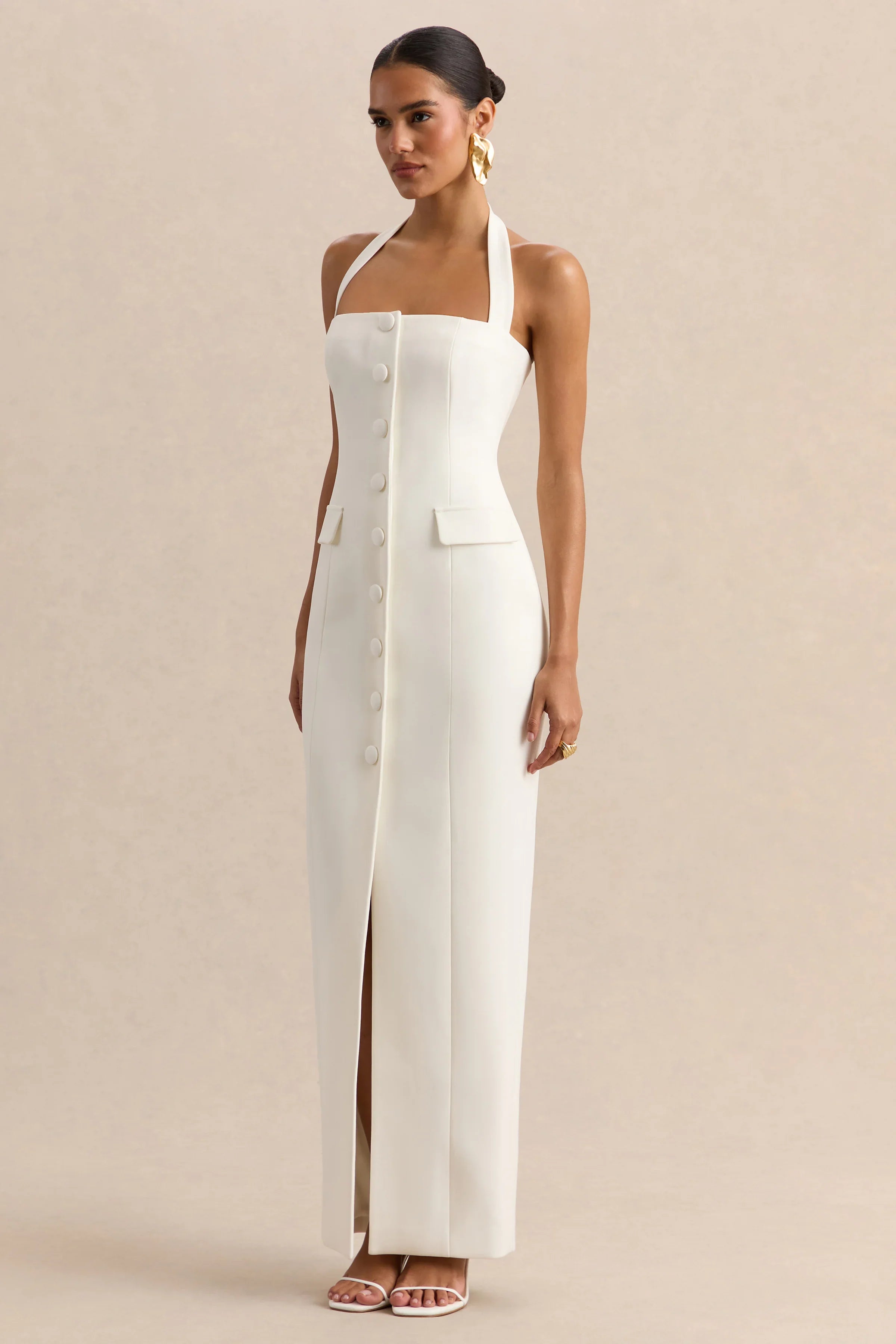 Steph White Halter Neck Tailored Maxi Dress