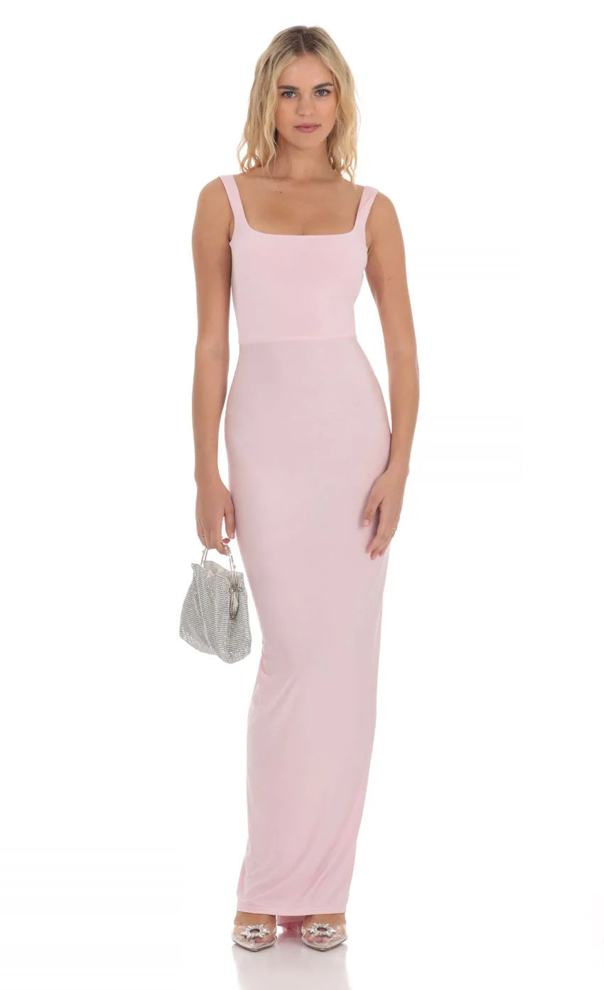 Square Neck Open Back Maxi Dress in Pink