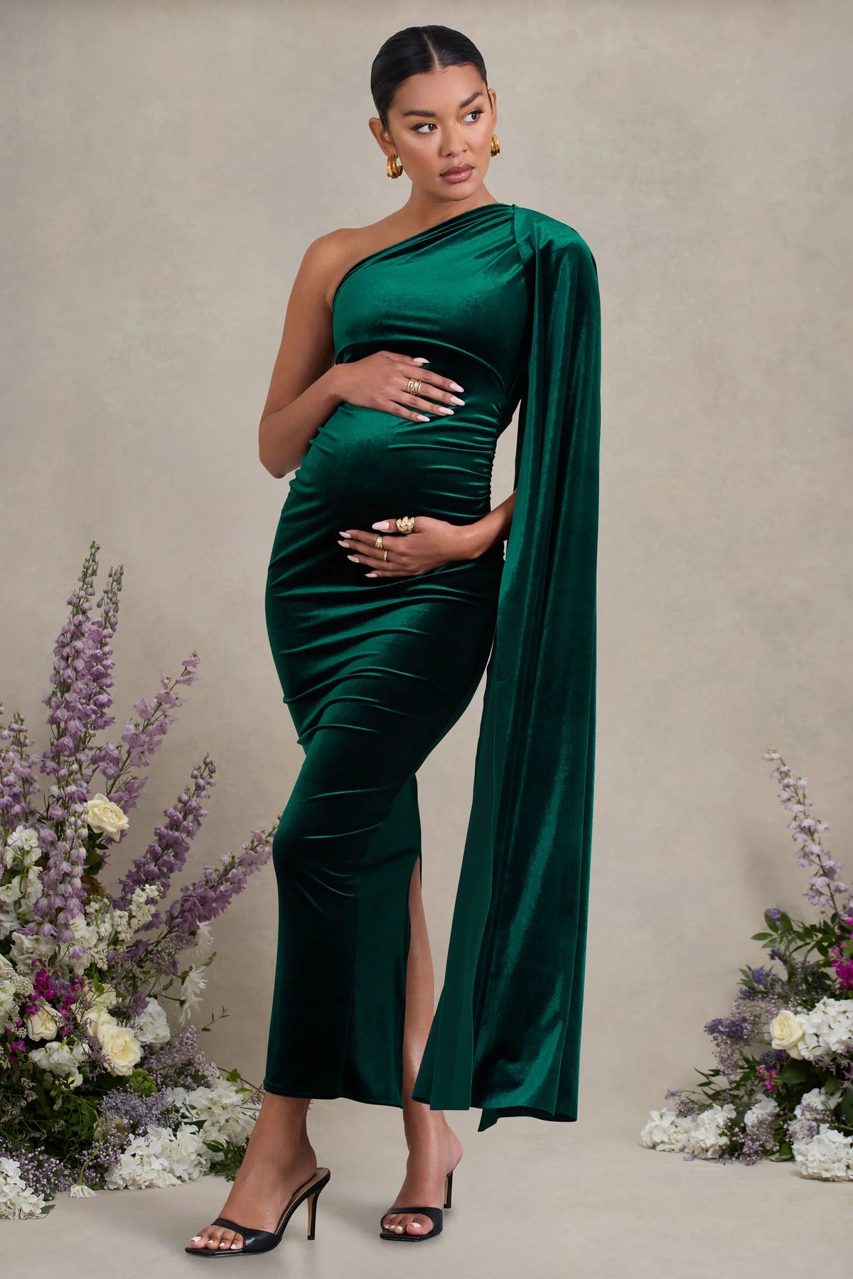 Amaryllis Bottle Green Velvet Maternity One Shoulder Maxi Dress with Cape Sleeve