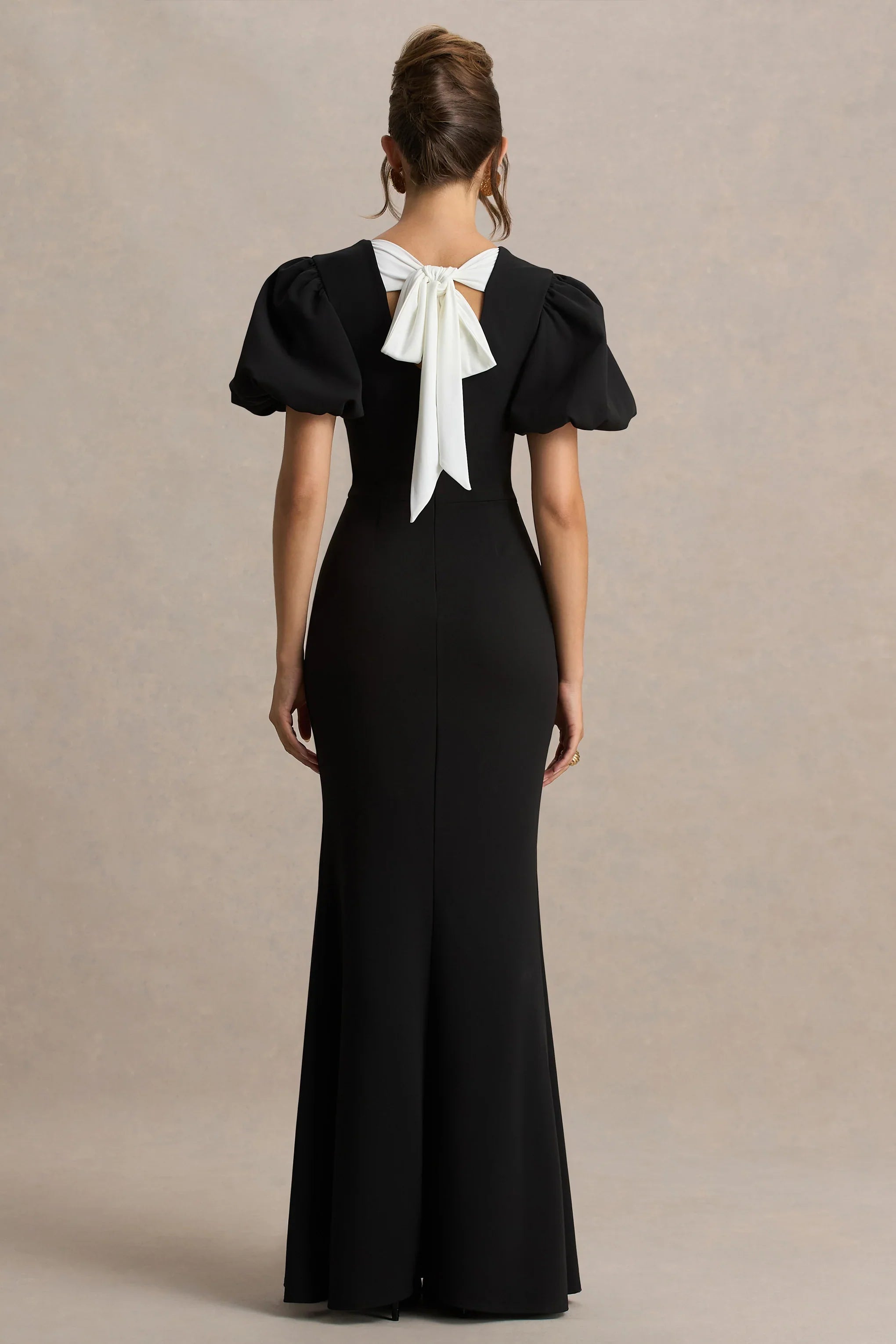 Carolina Black Puff Sleeve Maxi Dress With White Bow Detail