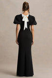 Carolina Black Puff Sleeve Maxi Dress With White Bow Detail