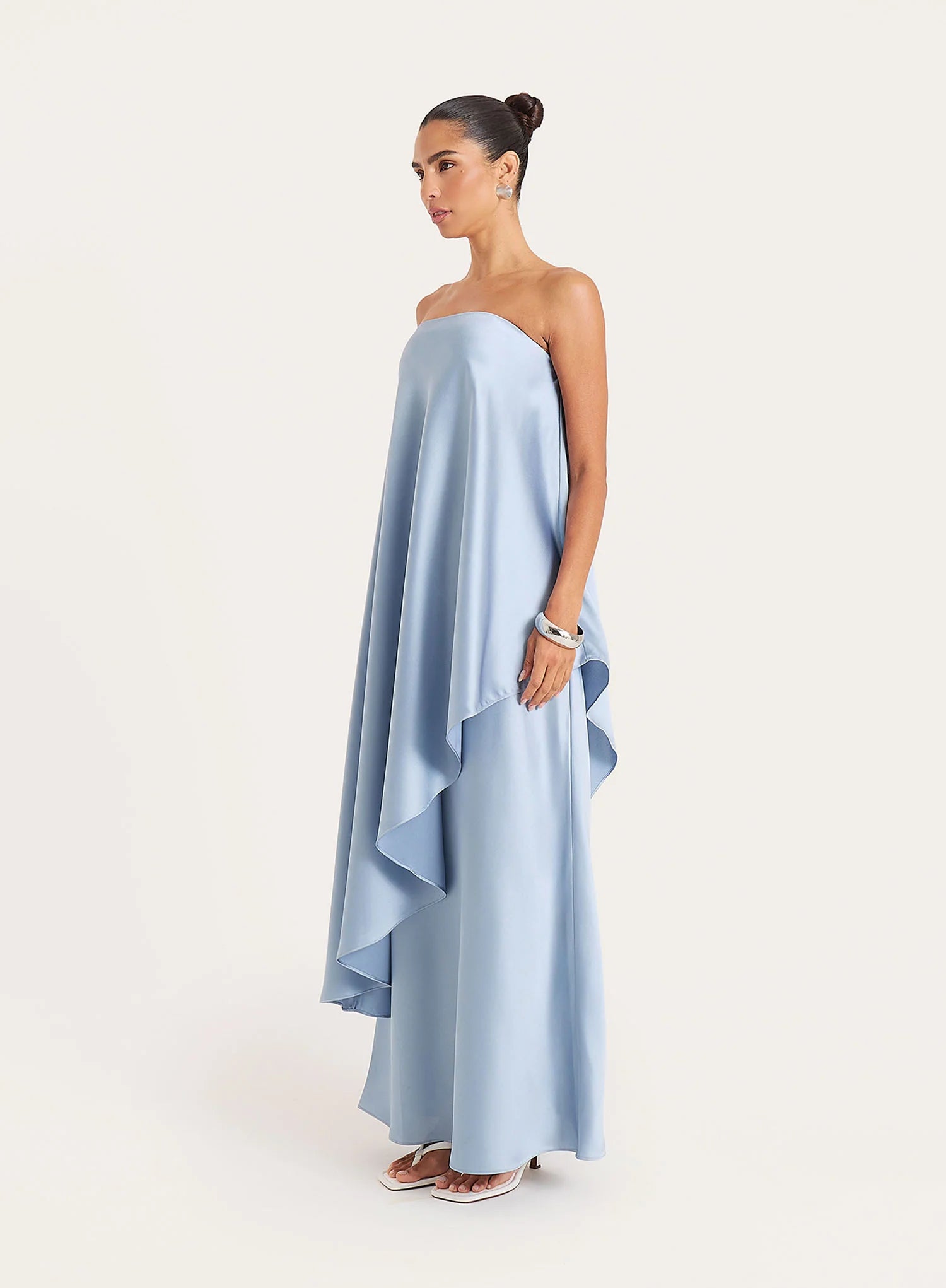 Blue Asymmetric Bandeau Satin Maxi Dress