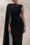 Caloria Black Asymmetric Neck Midi Dress With Mesh Cape