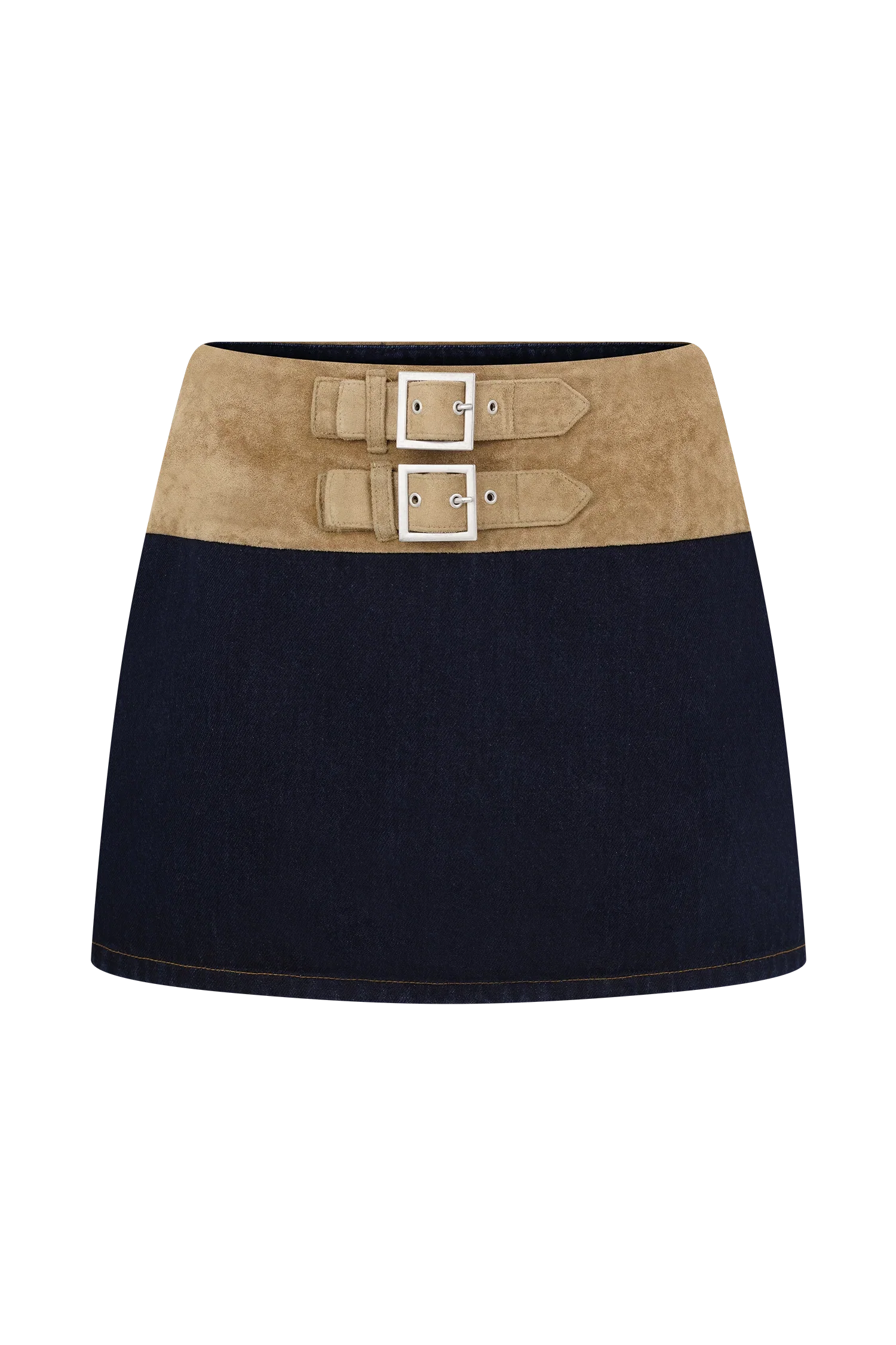 Miranda Faux Suede Belted Denim Mini Skirt Indigo Blue
