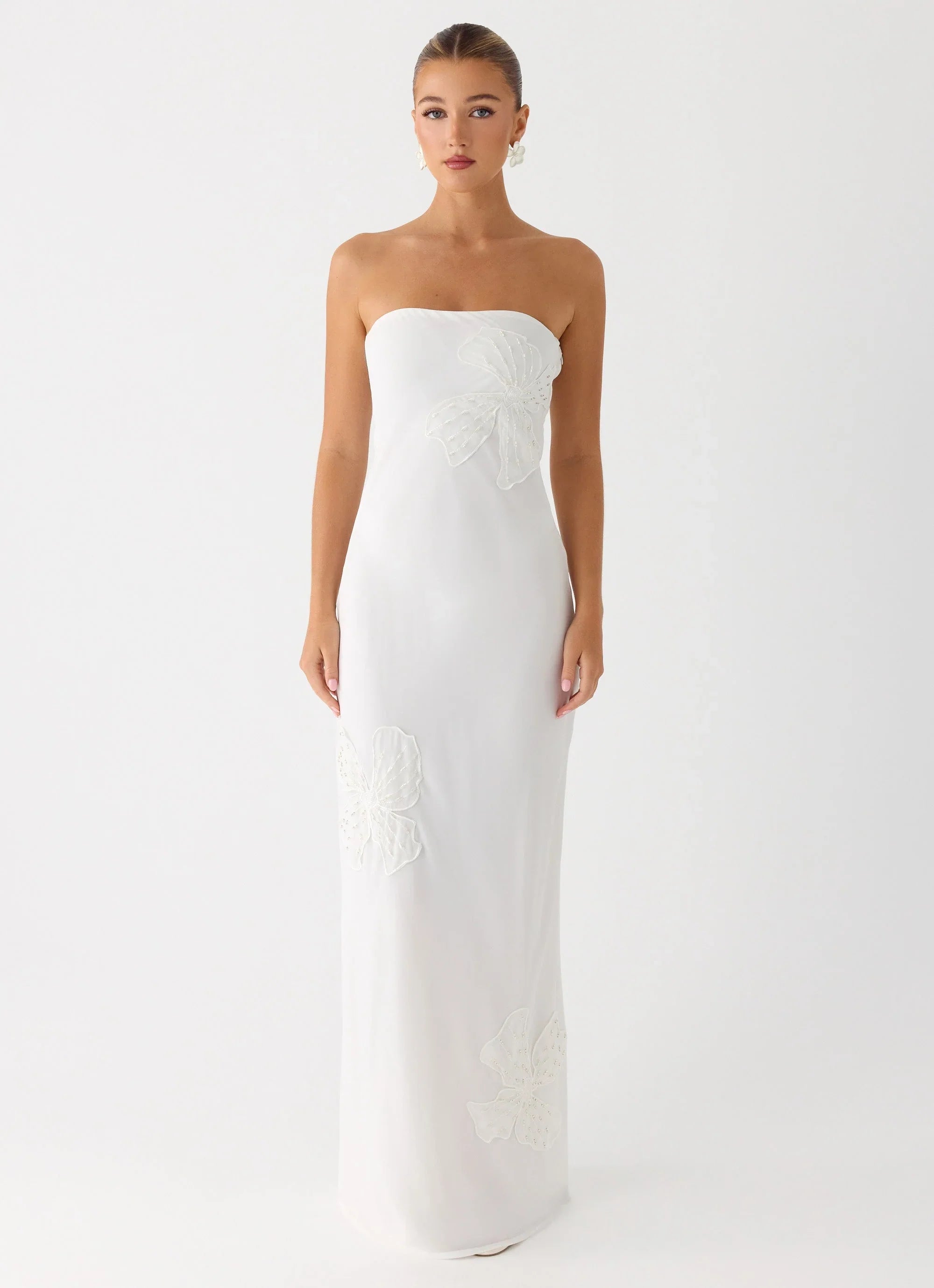 Sassafras Beaded Flower Strapless Maxi Dress White