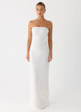 Sassafras Beaded Flower Strapless Maxi Dress White