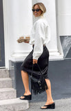 Martha Black Satin Lace Trim Midi Skirt