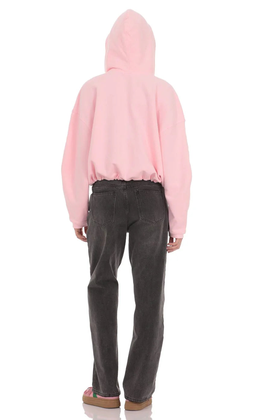 Cropped Fleece Zip Up Hoodie in Pink