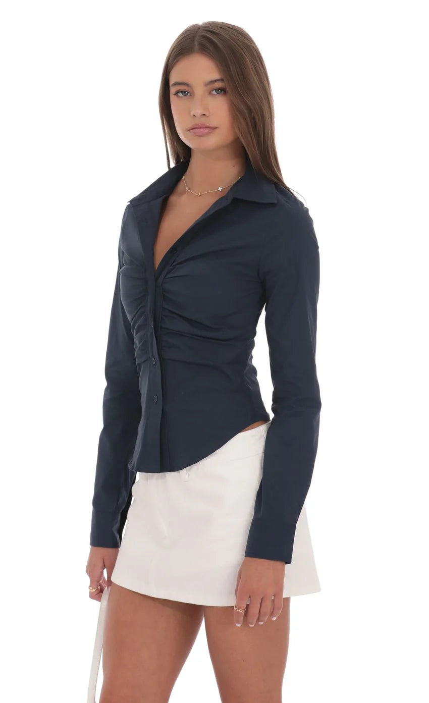 Ruched Button Up Shirt in Navy