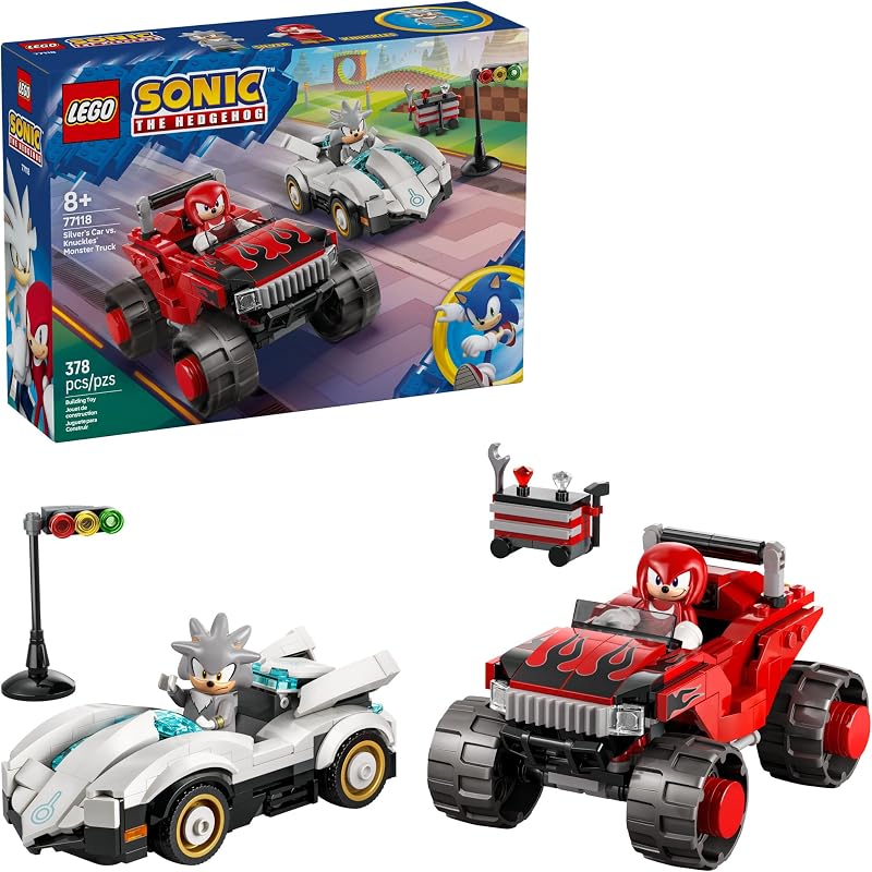 LEGO Sonic the Hedgehog Silvers Car vs Knuckles Monster Truck Building Toy for Boys Girls Racing Playset W Silver Knuckles Minifigures for Kids Ages 8 Gift Idea for Birthdays 77118