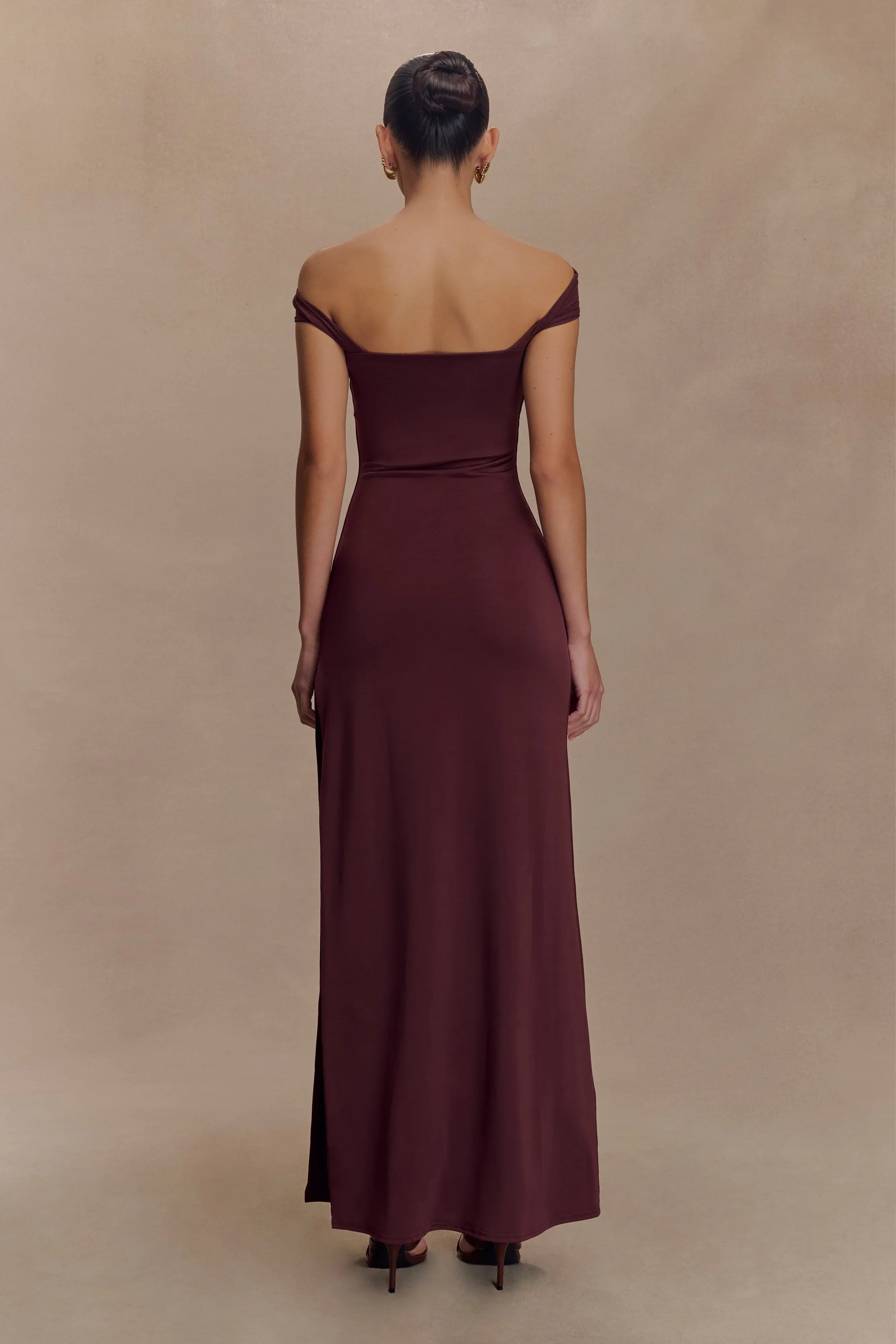 Aurora Slinky And Mesh Split Maxi Dress Mahogany